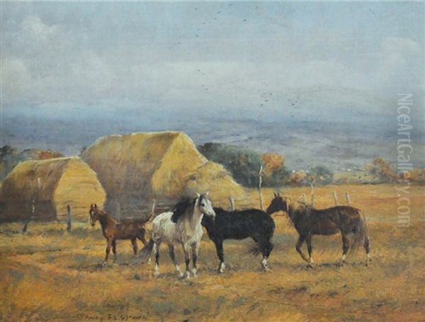Horses & Haystacks Oil Painting by Percy Fred. Seaton Spence