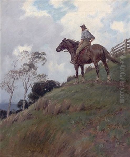 A Mounted Stockman Oil Painting by Percy Fred. Seaton Spence