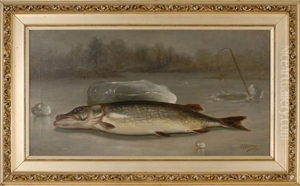 Ice Fishing Scene With A Pike Oil Painting by John Clinton Spencer