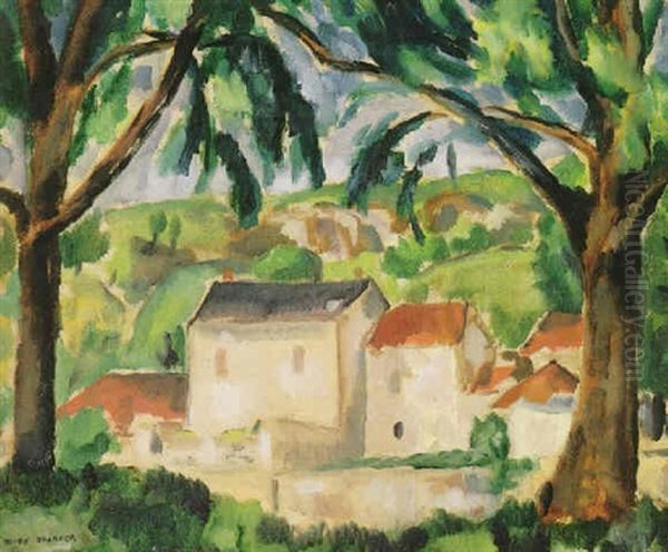 Trees And Farmhouse Oil Painting by Niles Spencer