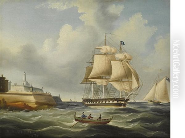 A British Frigate Off Malta Oil Painting by Richard B. Spencer