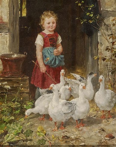 Goose Girl Oil Painting by Johann Sperl