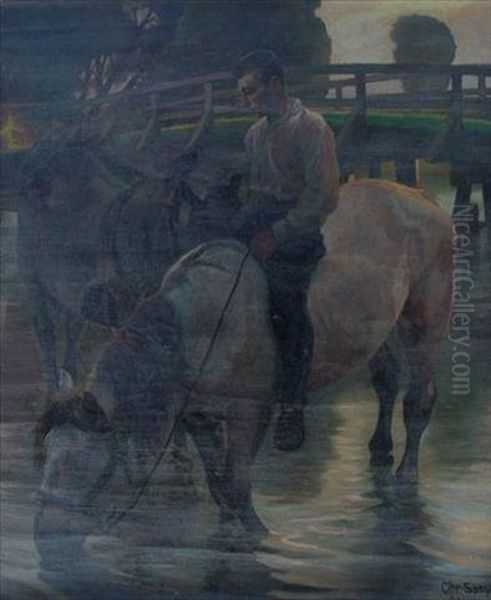 Landscape With Man On Horseback With Plow Horse On Lead Watering At Stream With Wooden Bridge In Background Oil Painting by Christian Speyer