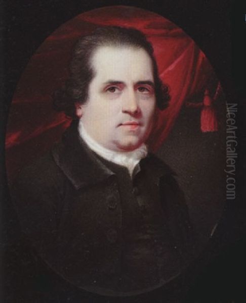 A Gentleman, With Short Dark Hair, Wearing Black Coat, Waistcoat And White Cravat, Crimson Curtain Behind Oil Painting by Henry Spicer