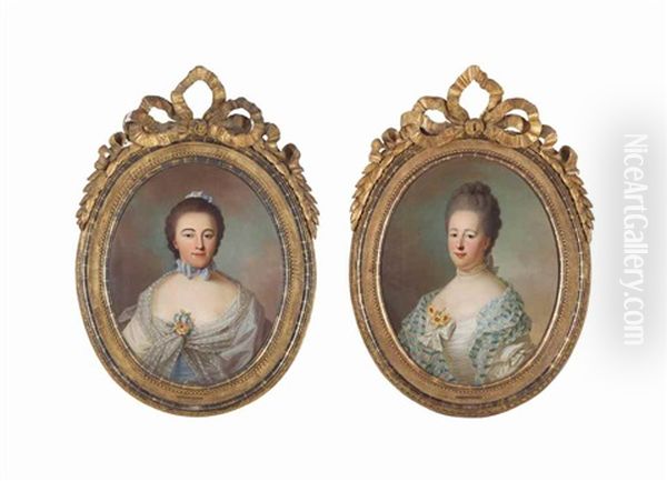 Portrait Of Baroness Isabella Agneta Van Lockhorst (1732-1765), Wife Of Jan Elias Huydecoper Van Maarseveen, Bust-length, In A Blue And White Dress With Striped Voile And Flower Piece, A Bow Around Her Neck; And Portrait Of Agneta Geertruida Van Lockhorst Oil Painting by Guillaume Jean Joseph de Spinny