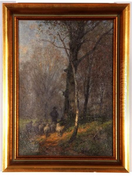 Winter Wooded Landscape With Shepherd And Sheep In A Lane Oil Painting by August (Karl Martin A.) Splitgerber