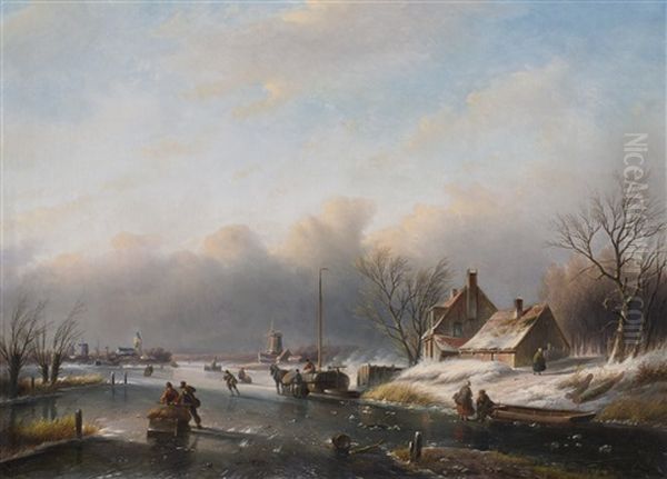 Skaters On The Ice In A Winter Landscape Oil Painting by Jan Jacob Spohler