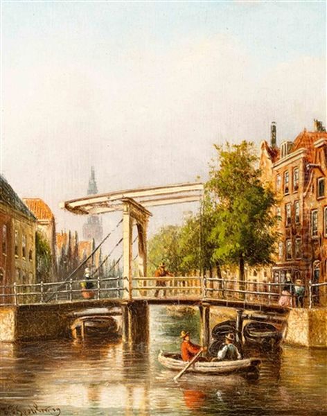 A) View On The Staalmeestersbrug In Amsterdam With The Zuiderkerk In The Distance B) View On A Ship Lock In A Dutch Harbour Oil Painting by Johannes Franciscus Spohler