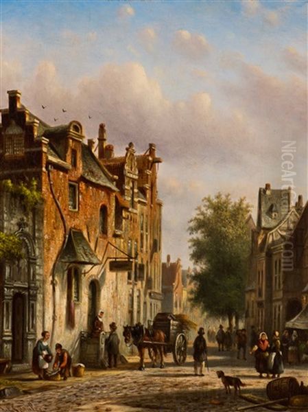 Activity In A Sunny Street Oil Painting by Johannes Franciscus Spohler