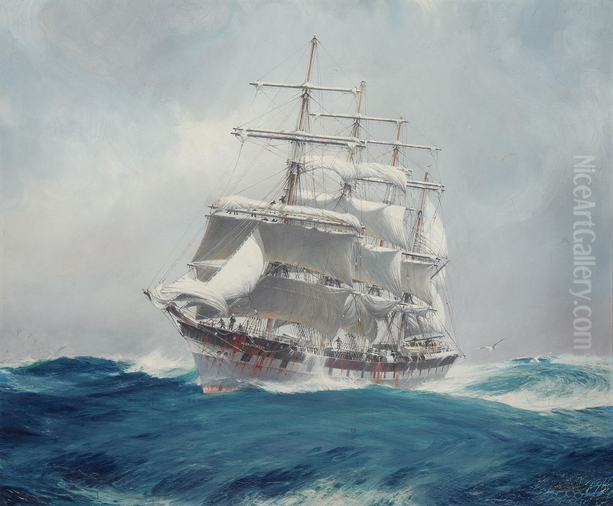 The Four-masted Wool Clipper Port Jackson Cutting Through A Heavy Swell Under Reefed Topsails Oil Painting by Jack Spurling