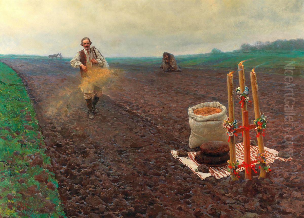 The First Sowing Oil Painting by Piotr Stachiewicz