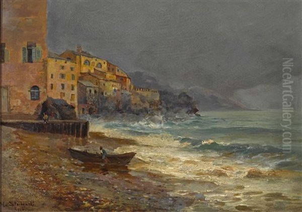 Am Strand Einer Kustenstadt Oil Painting by Wladyslaw Stachowski