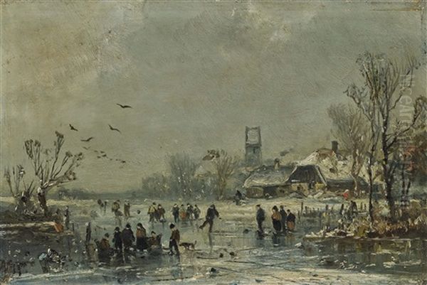 Wintry Landscape With Ice Skaters Oil Painting by Adolf Stademann