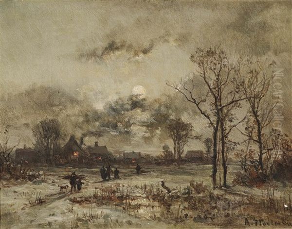 Wintry Village Landscape In The Moonlight Oil Painting by Adolf Stademann
