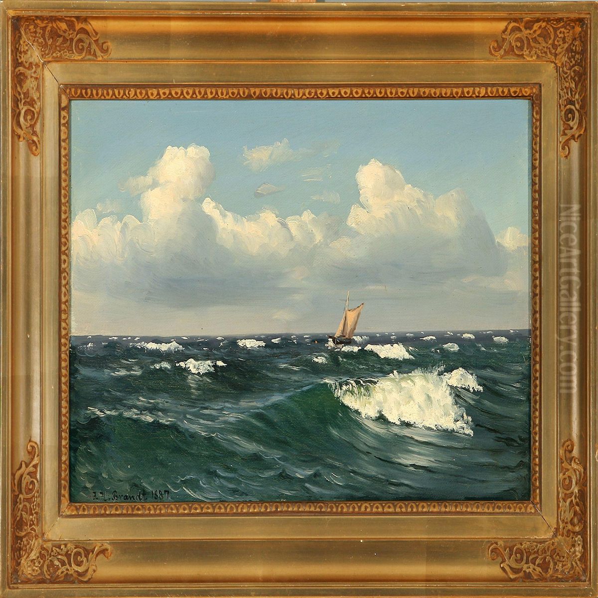 Marine With A Smallersailing Ship Oil Painting by I.H. Brandt