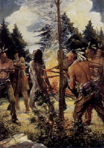 Indians Torturing A Mountain Man Oil Painting by Paul C. Stahr