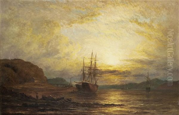 Estuary Scene With Shipping At Sunset Oil Painting by George Stainton