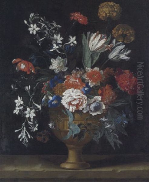Stilleben Mit Nelken, Rosen, Narzissen, Begonien Und Anderen Bluten In Einer Tonvase Oil Painting by Niccolo Stanchi