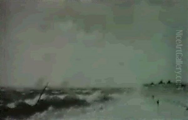 Figures On A Beach With Ships In Distance &     Figure On A Beach Oil Painting by J.W. Stancliff