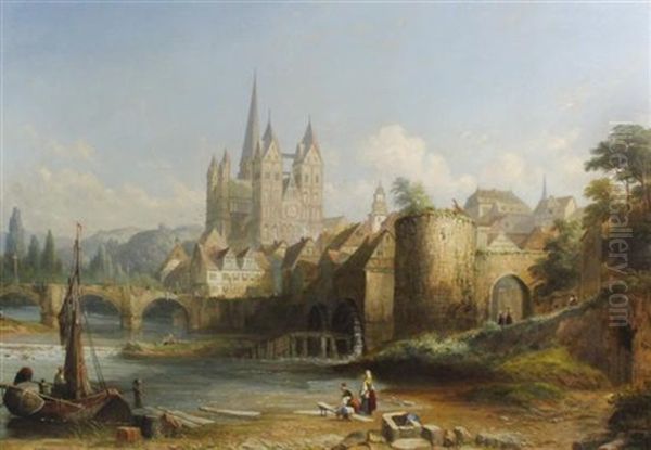 Rheinish Town Viewed From The River Oil Painting by Caleb Robert Stanley