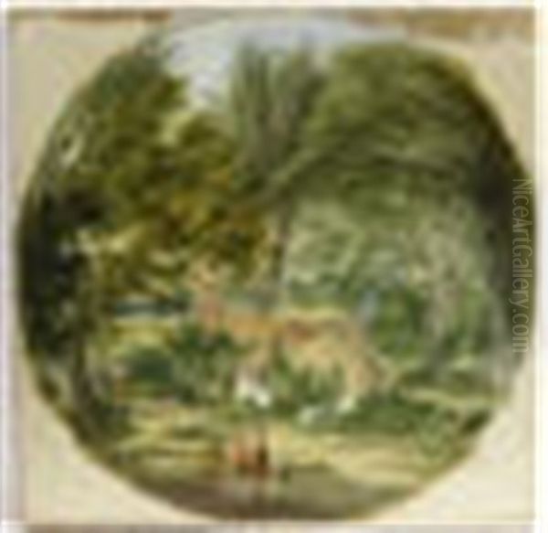 People Talking Beside A Duckpond In Front Of A Country Cottage Oil Painting by Alfred Stannard