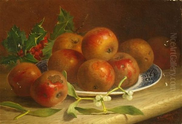 Still Life Of Apples On A Plate With Holly And Mistletoe Oil Painting by Eloise Harriet Stannard