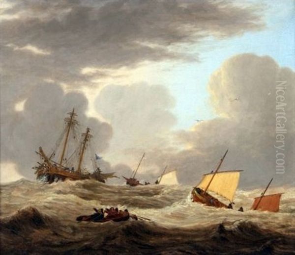 Hulk In Rough Sea With Fishing Boats Oil Painting by Joseph Stannard
