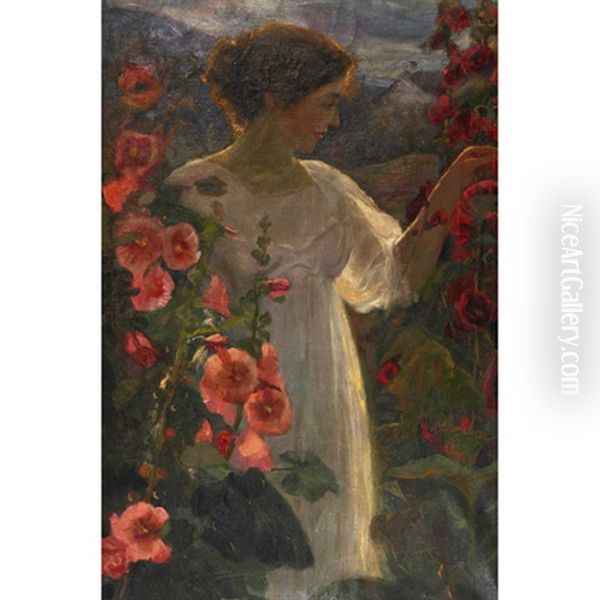 Young Girl Admiring Flowers Oil Painting by Owen B. Staples