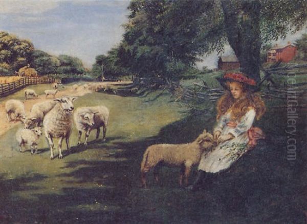 Young Girl Feeding A Lamb In A Shady Pasture Oil Painting by Owen B. Staples