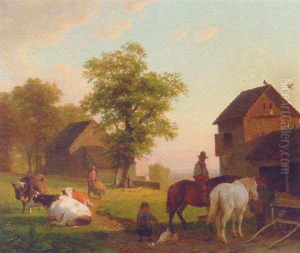 Farmyard With Peasants And Cattle Oil Painting by Willem Tjarda van Starckenborgh Stachouwer