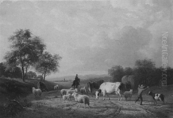 Figures With Cattle On A Country Road, A View Of A Town     Beyond Oil Painting by Willem Tjarda van Starckenborgh Stachouwer