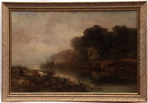 River Landscape With Herder, Sheep And Cattle At Ferry Crossing Oil Painting by Arthur J. Stark