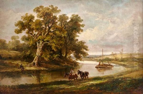 River Scene With Barge (the Towpath) Oil Painting by Arthur J. Stark
