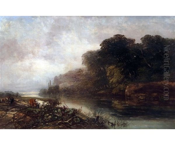 River Landscape With Herder, Sheep And Cattle At Ferry Crossing Oil Painting by Arthur J. Stark