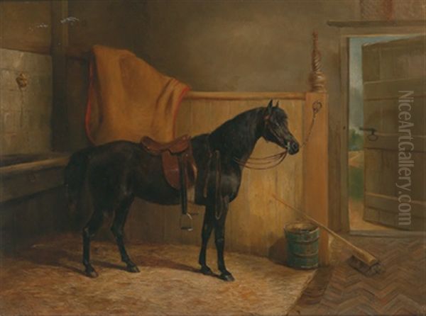 Ein Gesattelter Rappe Im Stall Oil Painting by Arthur J. Stark