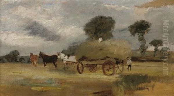 Hay Making (+ A Horse Study, Verso) Oil Painting by Arthur J. Stark
