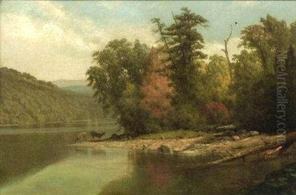 Hudson River Landscape Oil Painting by Junius Brutus Stearns