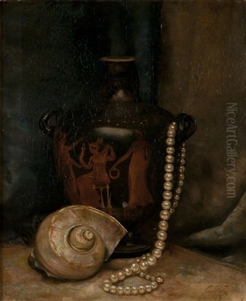 Nature Morte Comprenant Un Vase Grec A Figures Rouges, Un Collier De Perles Et Un Nautile Oil Painting by Edwin Steele