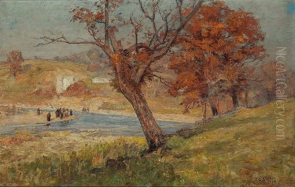 Landscape With Figures Beside A River's Bend Oil Painting by Theodore Clement Steele
