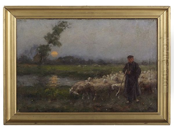 Sunset Landscape With A Shepherd And His Flock Oil Painting by Willem II Steelink