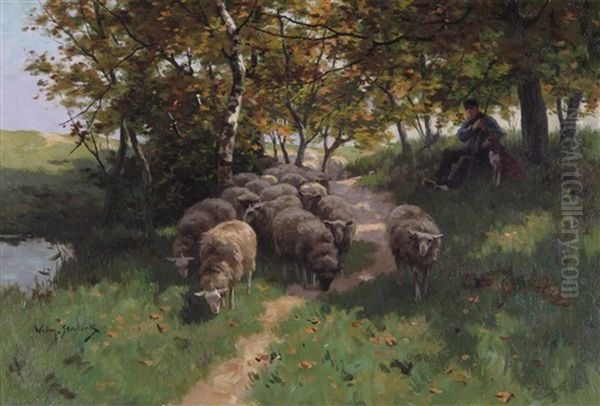 A Shepherd And Flock On A Shady Track Oil Painting by Willem II Steelink