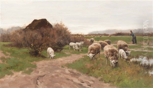 Shepherd With His Flock Of Sheep On The Heather Oil Painting by Willem II Steelink