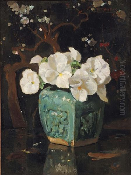 White Violets In A Ginger Jar Oil Painting by Willem II Steelink