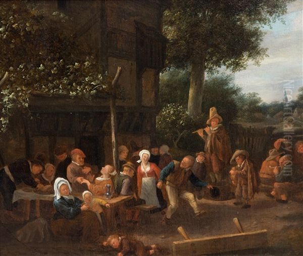 Feasting Peasants Outside A Tavern Oil Painting by Jan Steen