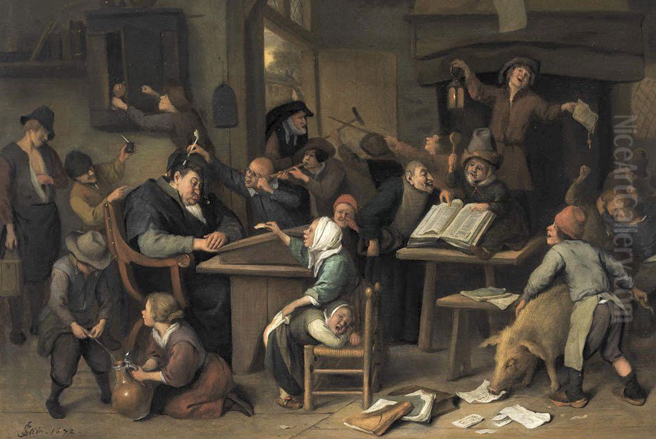A Riotous Schoolroom With A Snoozing Schoolmaster Oil Painting by Jan Steen