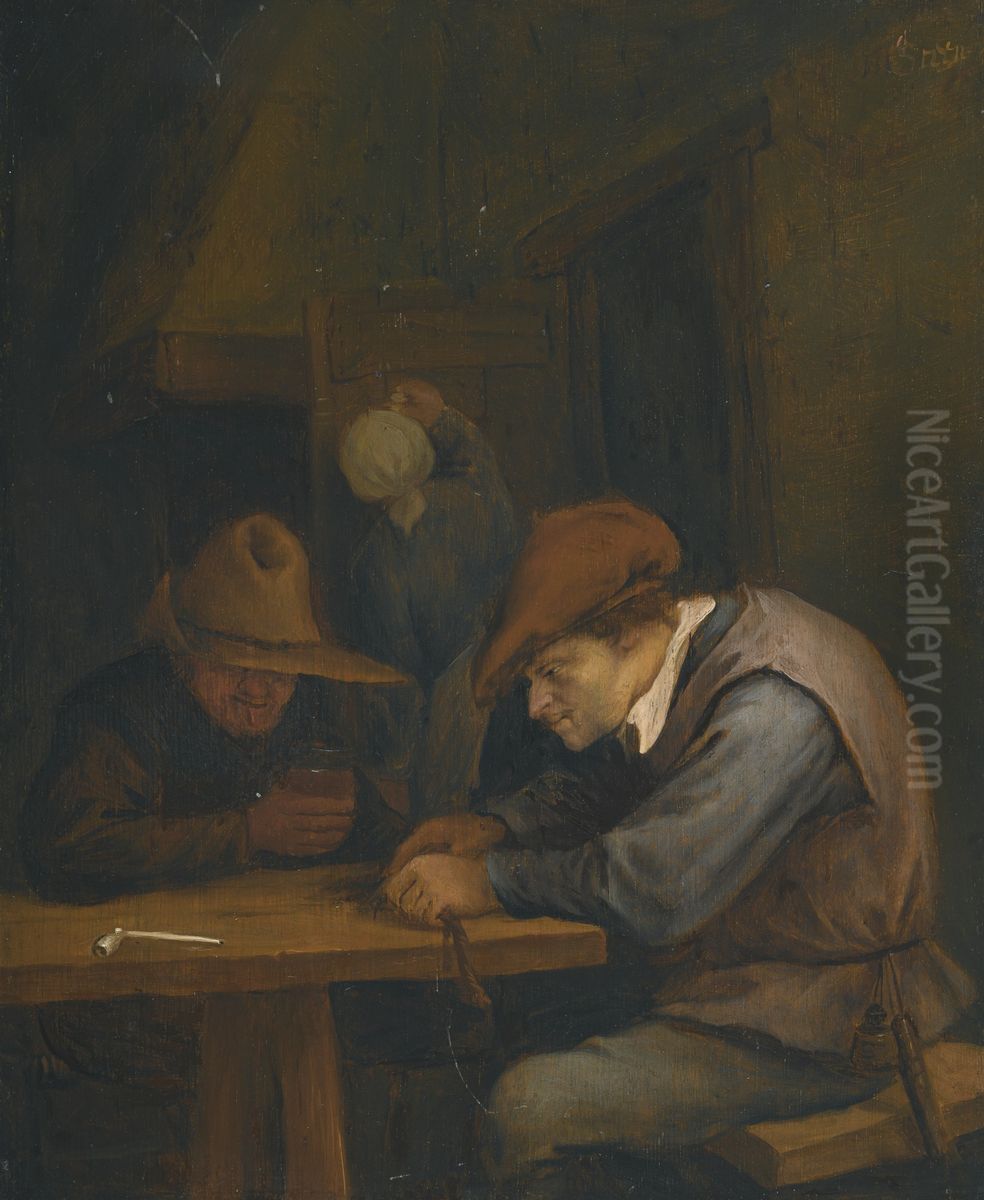 Peasants Drinking And Cutting Tobacco In An Inn Oil Painting by Jan Steen