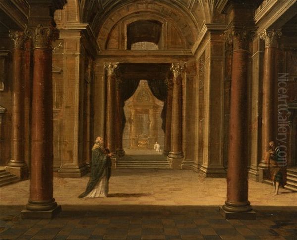 Church Interior With Figures Oil Painting by Hendrik Van Steenwijk