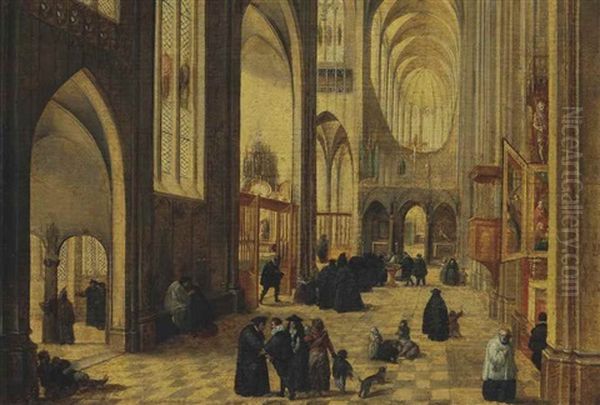 A Gothic Church Interior With A Baptism Oil Painting by Hendrick van Steenwyck the Elder