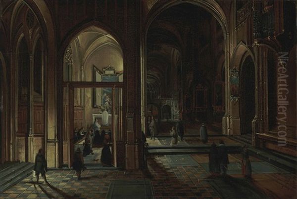 Interior Of A Cathedral At Night With A Priest Celebrating Mass Oil Painting by Hendrick van, the Younger Steenwyck
