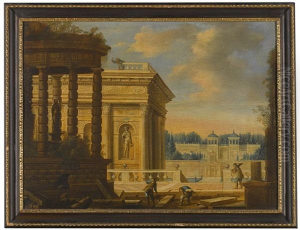 A Capriccio View Of A Classical Palace, The Grounds Being Finished By Men Setting Paving Oil Painting by Hendrick van, the Younger Steenwyck